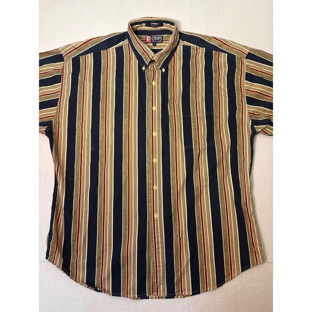 Chaps Ralph Lauren Mens XL Long Sleeve Striped Button Down Shirt Navy Tan Red
